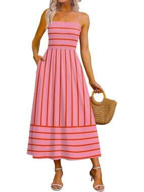 Women's Red Striped Spaghetti Strap Smocked Casual Boho Beach Long Maxi Dresses